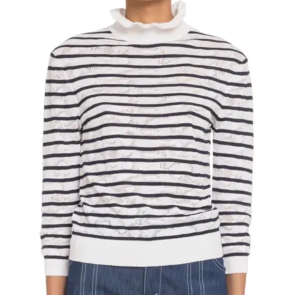 Chloe Ruffled Turtleneck Striped Lace Sweater szXS